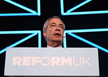 Reform party leader Nigel Farage spoke on stage at the launch of the party's local election campaign at Fairfield Halls in Croydon, London, on Saturday