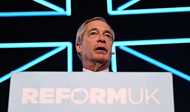 Reform party leader Nigel Farage spoke on stage at the launch of the party's local election campaign at Fairfield Halls in Croydon, London, on Saturday