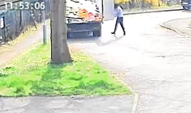 Shocking CCTV footage shows how the man, who appeared to be wearing a balaclava, pulled up at the cul-de-sac in Chingford, Essex, shortly after 11:45am on Monday