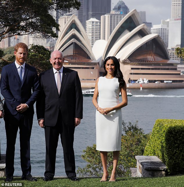 Harry and his wife (pictured with Australia's then Governor General Peter Cosgrove in Sydney) claimed that it was on this trip that Meghan showed what an asset she was to the Royal Family, but that his relatives' treatment of her changed after it
