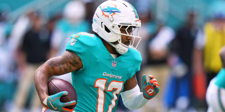 Miami Dolphins wide receiver Jaylen Waddle runs during the first half of an NFL football game against the Tampa Bay Buccaneers on Dec. 28, 2025, in Miami Gardens, Florida.