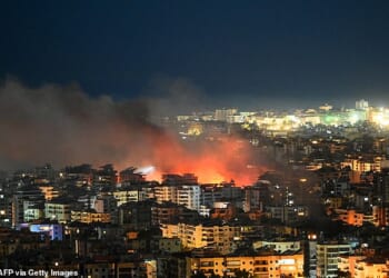 Fire rises from the site of an Israeli airstrike in the southern suburbs of Beirut early on March 6