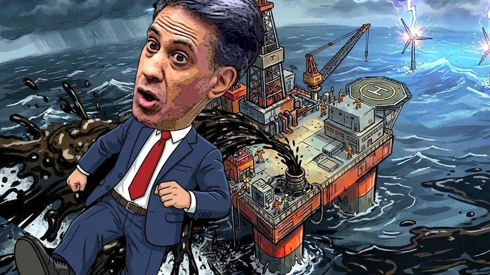 Illustration of a man in a suit falling into an oil-slicked ocean next to an oil rig, with offshore wind turbines in the stormy background.