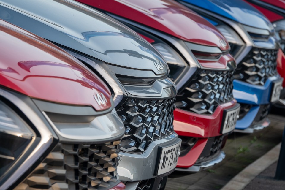 Close-up of new cars with different colored bonnets, grills, and license plates lined up at a dealership.