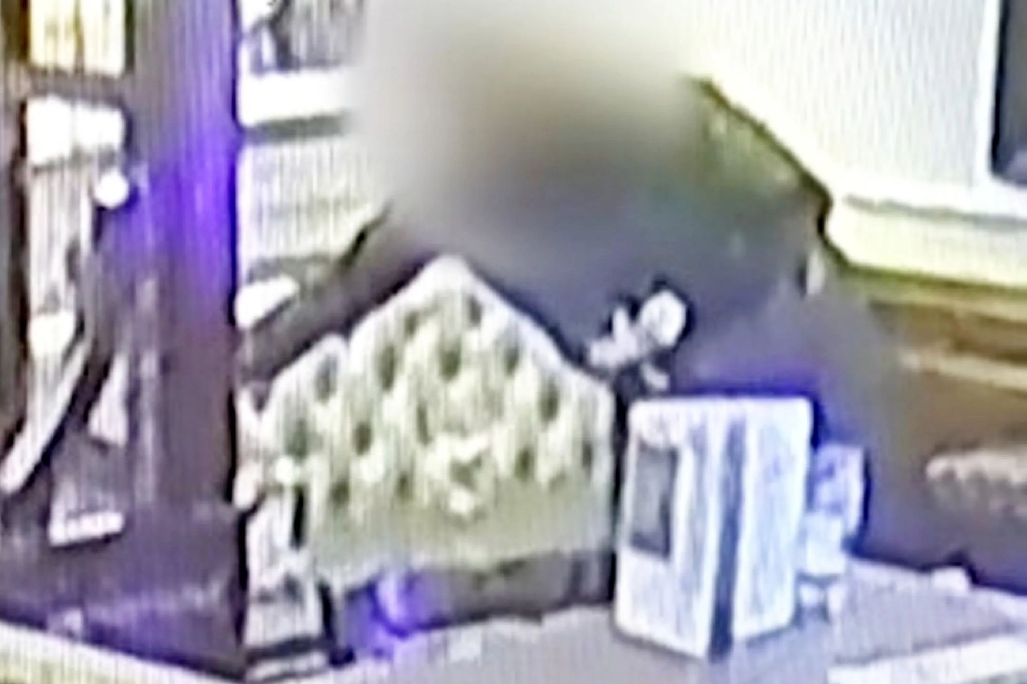 An image collage containing 1 images, Image 1 shows CCTV footage showing a blurry figure leaning over a pub table, appearing to put something into a drink