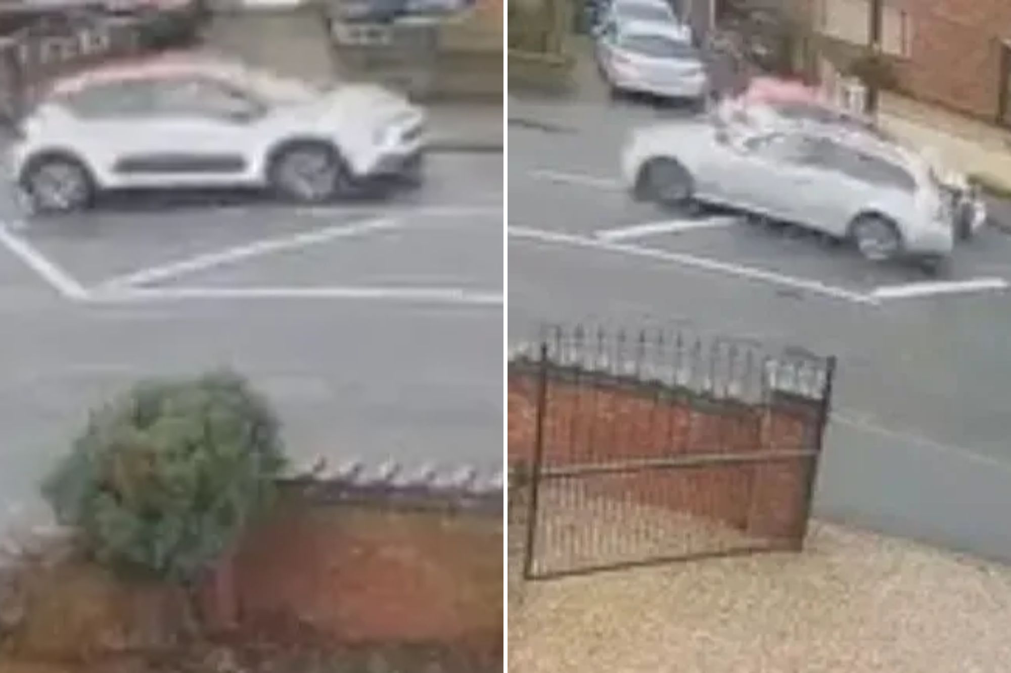 An image collage containing 2 images, Image 1 shows A white car driving on a street, Image 2 shows A white BMW crashing into another car on a street