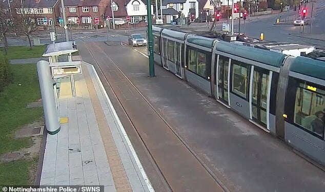 Levi Gomez drove along the line at Nottingham's University Boulevard tram stop