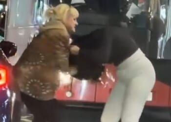 Chaos ensues seconds later, as the driver hits the woman in the head before grabbing and pulling her hair