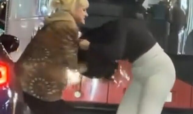 Chaos ensues seconds later, as the driver hits the woman in the head before grabbing and pulling her hair