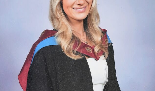 Lucy Harrison pictured at her university graduation with a first class degree in fashion