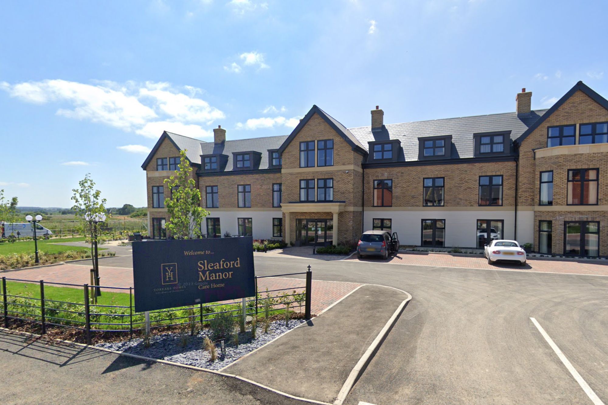 An image collage containing 1 images, Image 1 shows Sleaford Manor Care Home building exterior