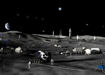 Artist impressions of the moon base feature futuristic rovers, communication devices, solar panels, habitat modules and launch pads on the lunar surface