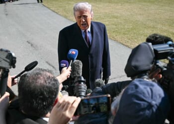 President Donald Trump speaks to the news media on the South Lawn of the White House in Washington, D.C., in a file photo taken Feb. 27.