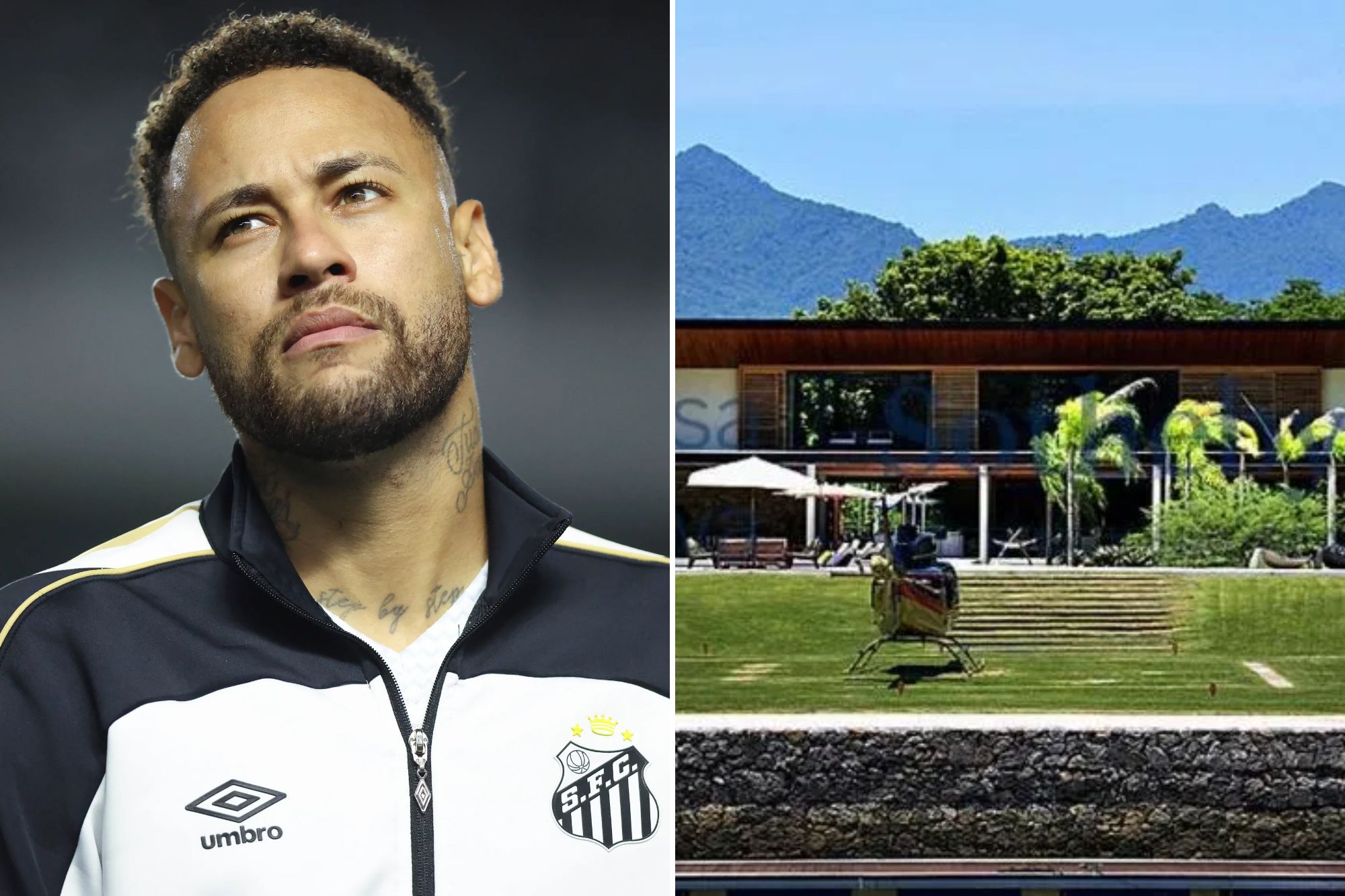 An image collage containing 2 images, Image 1 shows Santos v Vasco Da Gama - Brasileirao 2026, Image 2 shows Neymar Jr.'s luxury property with a helipad and yacht access