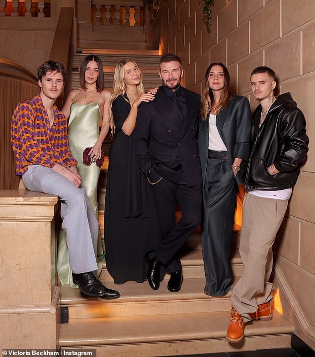 Brooklyn, 27, and Nicola, 31, have been at war with Victoria and the rest of the famous clan since last year and in January the aspiring chef released a statement severing ties with his family entirely (Beckham clan pictured without Brooklyn earlier this month)