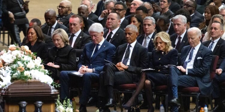Former Presidents Bill Clinton, Barack Obama, and Joe Biden sit with former US vice president Kamala Harris and former US Secretary of State Hillary Clinton at the funeral service of Rev. Jesse Jackson at the House of Hope arena on March 6, 2026, in Chicago, Illinois.