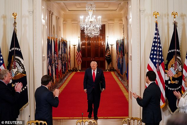 U.S. President Donald Trump arrives to host a round table on collegiate sports in the White House in Washington, DC, March 6