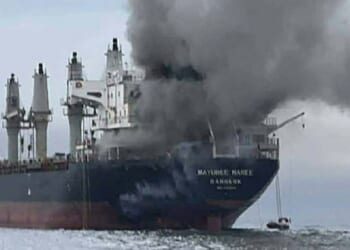 The Thailand-flagged oil tanker Mayuree Naree burns after an attack by Iranian forces in the Strait of Hormuz on Wednesday.