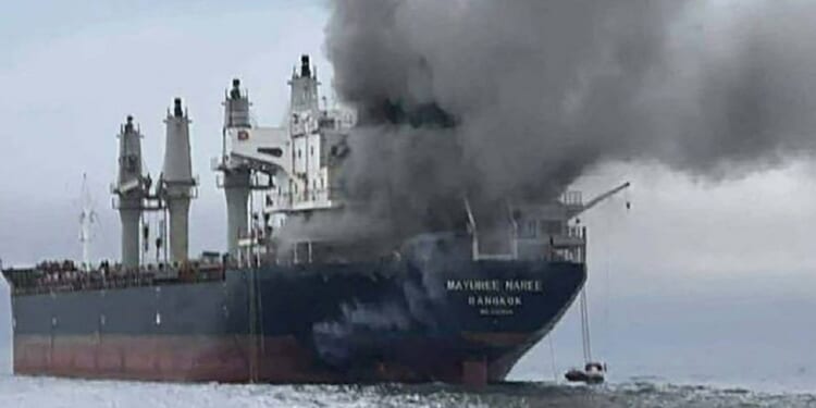 The Thailand-flagged oil tanker Mayuree Naree burns after an attack by Iranian forces in the Strait of Hormuz on Wednesday.