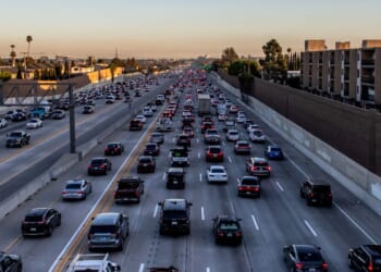Traffic moves along the 405 Freeway on Feb. 13, 2026, in Los Angeles, California.