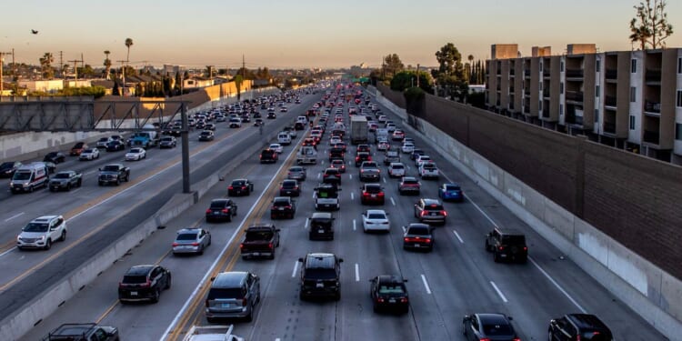 Traffic moves along the 405 Freeway on Feb. 13, 2026, in Los Angeles, California.