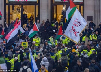 Riot police will be at the protest centre but uniformed officers will protect mosques and synagogues in the capital. Pictured: An Al-Quds Day march in Portland Place on March 23, 2025