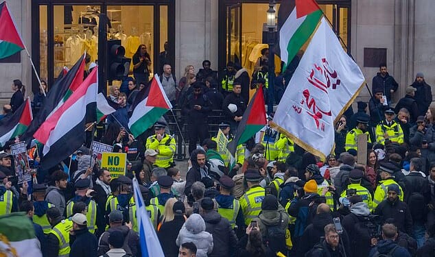 Riot police will be at the protest centre but uniformed officers will protect mosques and synagogues in the capital. Pictured: An Al-Quds Day march in Portland Place on March 23, 2025