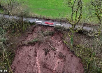 Pictured: a massive landslip between the villages of Cwmyoy and Llanthony, in Monmouthshire, which has left residents cut off from the outside world for over a month