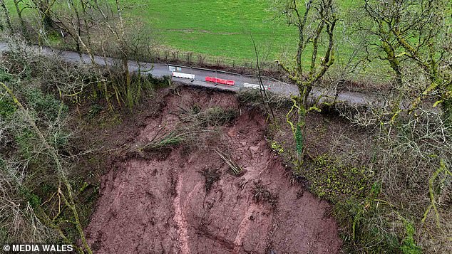 Pictured: a massive landslip between the villages of Cwmyoy and Llanthony, in Monmouthshire, which has left residents cut off from the outside world for over a month