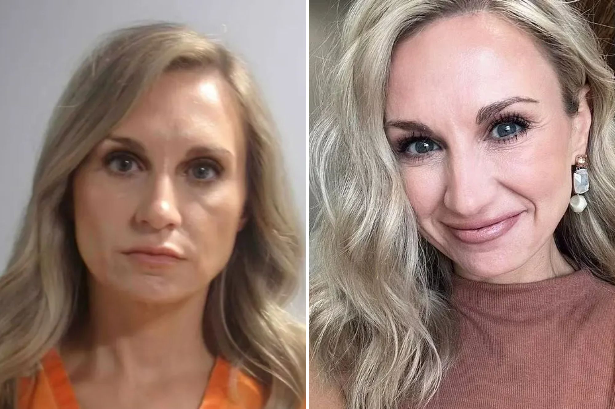 An image collage containing 2 images, Image 1 shows a woman in an orange shirt is looking at the camera, Image 2 shows a woman wearing a brown tank top and earrings is smiling for the camera