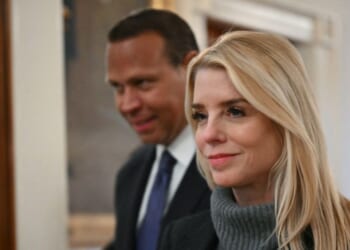 Attorney General Pam Bondi walks in with former professional baseball player Alex Rodriguez to attend an event for Inter Miami CF, winners of the 2025 Major League Soccer Cup, in the East Room of the White House in Washington, D.C., on March 5, 2026.