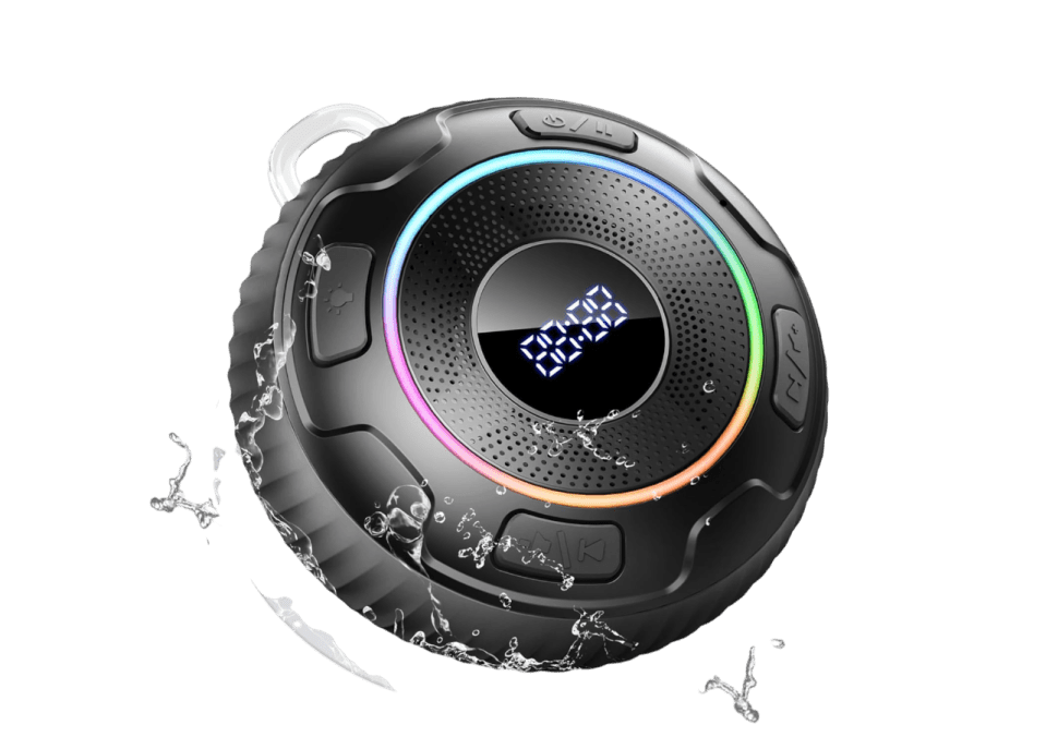 Waterproof black speaker with rainbow lights and a digital display showing "00:00".