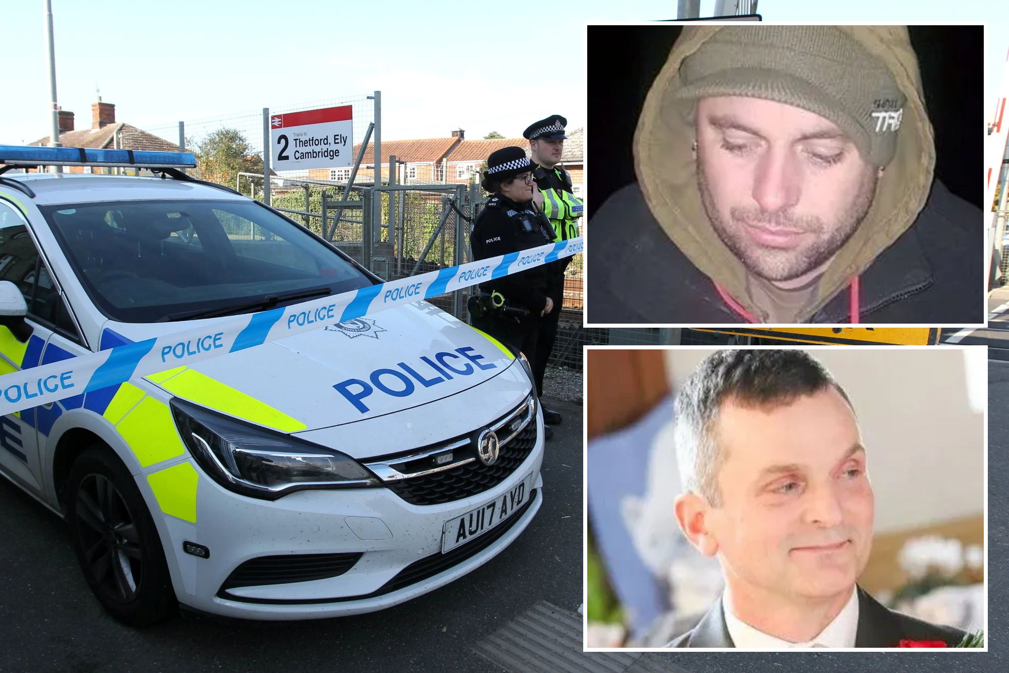 An image collage containing 3 images, Image 1 shows A police car and two officers stand behind blue and white police tape at a railway crossing with "Keep Railway Crossing Clear" signs, Image 2 shows Jonathan Collins holding a large fish, Image 3 shows Neil Moon, a pest control subcontractor who died at Banham Poultry in 2018