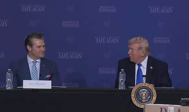 Hegseth forced an awkward smile as the US President continued discussing ongoing talks with Iran
