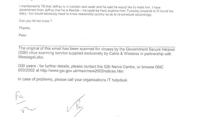 A tranche of documents released by the Government on Wednesday includes an email sent by Lord Mandelson in 2002