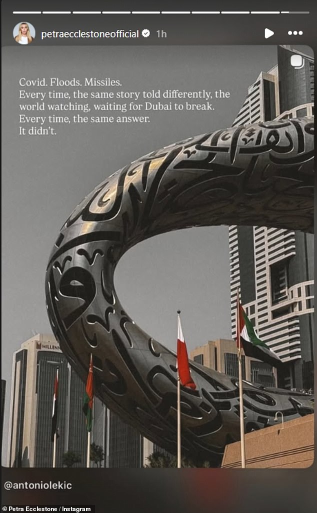 The original post shared with her 111k followers read: 'Covid. Floods. Missiles. Every time, the same story told differently, the world watching, waiting for Dubai to break. Every time the same answer. It didn't'