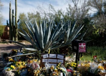 A makeshift memorial adorns the front of the home of Nancy Guthrie on March 2, 2026, in Tucson, Arizona.