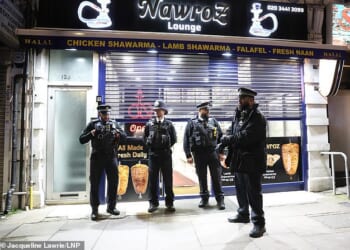 Pictured: Police at the scene in Finchley, North London where a pro-regime change Iranian man was reportedly stabbed in an altercation between opposing groups earlier on Saturday evening