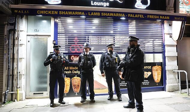 Pictured: Police at the scene in Finchley, North London where a pro-regime change Iranian man was reportedly stabbed in an altercation between opposing groups earlier on Saturday evening