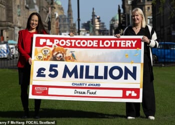 Postcode Lottery Managing Director Clara Govier (right) and Head of Charities Laura Chow (left) with the Dream Fund cheque