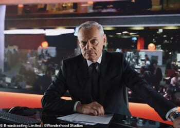Pictured: Martin Clunes potraying Huw Edwards in the Channel 5 drama - Power: The Downfall of Huw Edwards