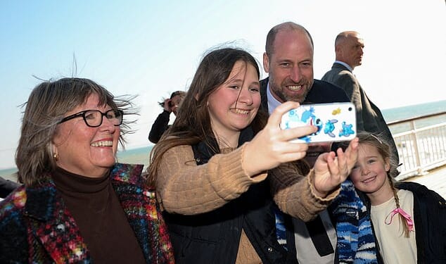 The Prince of Wales posed for selfies and enjoyed a sunny stroll along the pier as he visited Bournemouth this morning