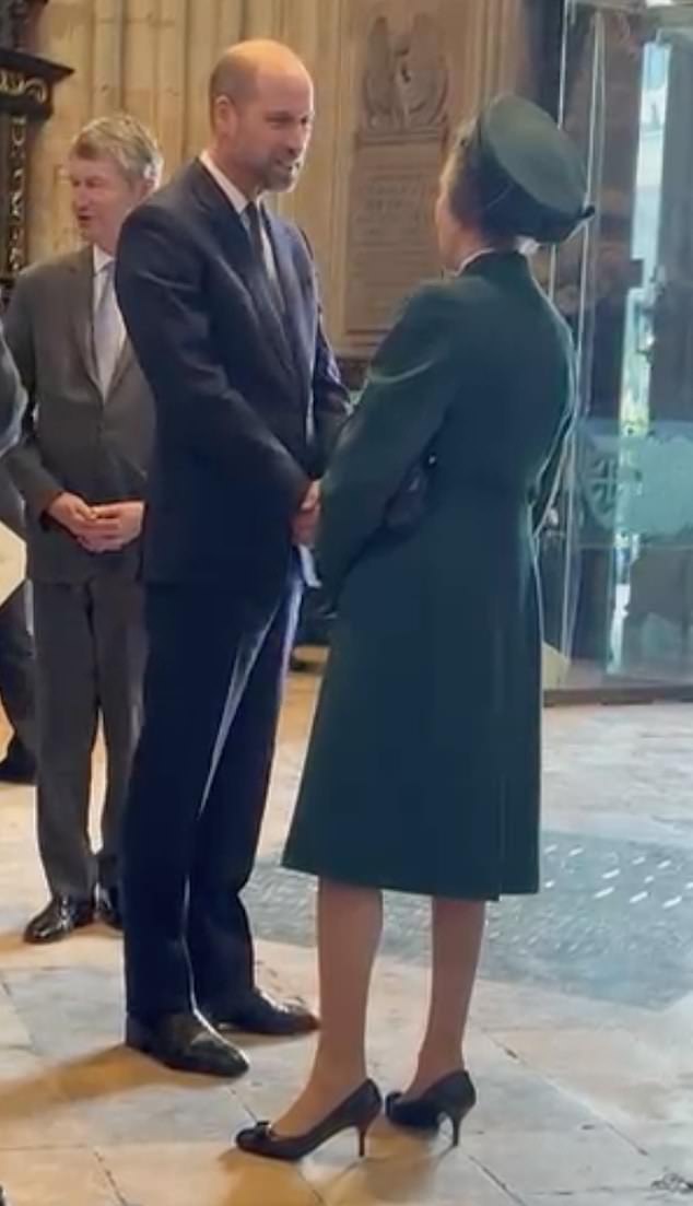 The Prince of Wales had a brief chat with his aunt, the Princess Royal, who wore an all-green ensemble