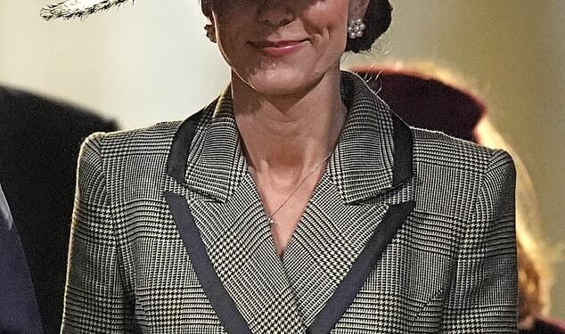 The Princess of Wales put on a stunning display in a new £2,850 Washington Prince of Wales check Cashmere Coat from Suzannah London as she attended the installation of Dame Sarah Mullally as Archbishop of Canterbury at Canterbury Cathedral in Kent today