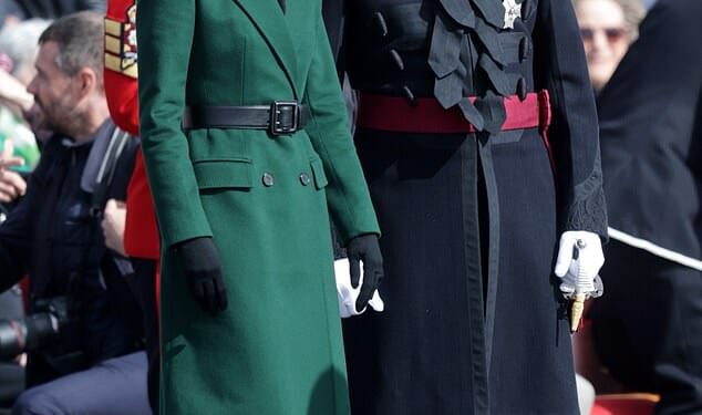 The Princess of Wales donned an elegant green coat and hat as visited the Irish Guards for a St Patrick's Day parade
