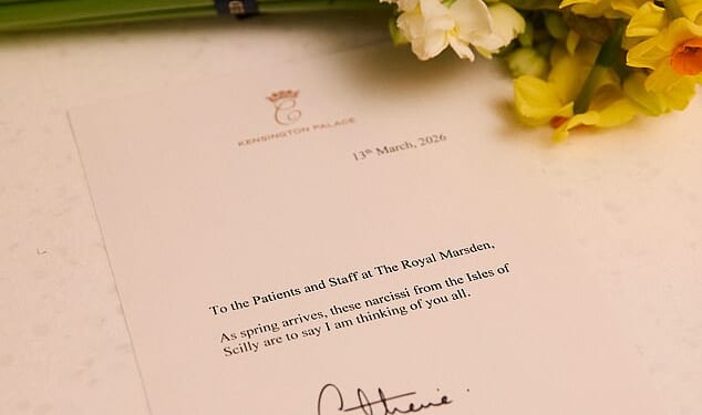 The Princess of Wales, 44, has told patients and staff at The Royal Marsden hospital in London that 'I am thinking of you all'