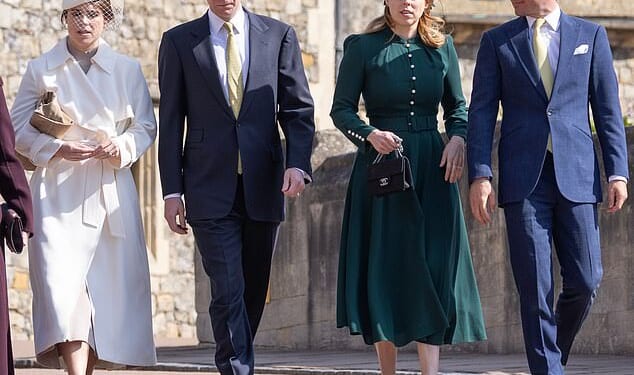 Princesses Eugenie (left) and Beatrice (right) with their husbands at the royal family's Easter Sunday church service in 2025