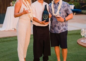 Top lawyer Tara Arnold, 46, (left) was on a location scouting trip with private chef Nick Mastrascusa, 43, (center) for luxury travel company Beyond, which she started as a side venture with her husband Kurt Arnold (right)