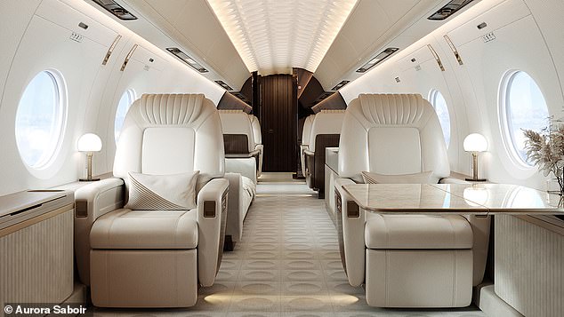 A private jet interior designed by Aurora, boasting elegant seats, sleek tables and stylish lamps