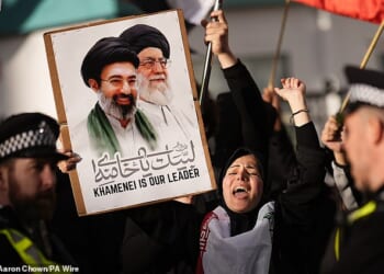 People attend a memorial event outside the Islamic Centre of England in London, for Ayatollah Ali Khamenei, who died in US strikes on Iran last month